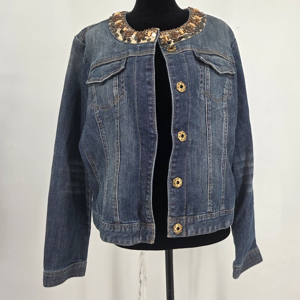 Vtg Harold's Women Denim Jacket Large Heavily Embellished Collar